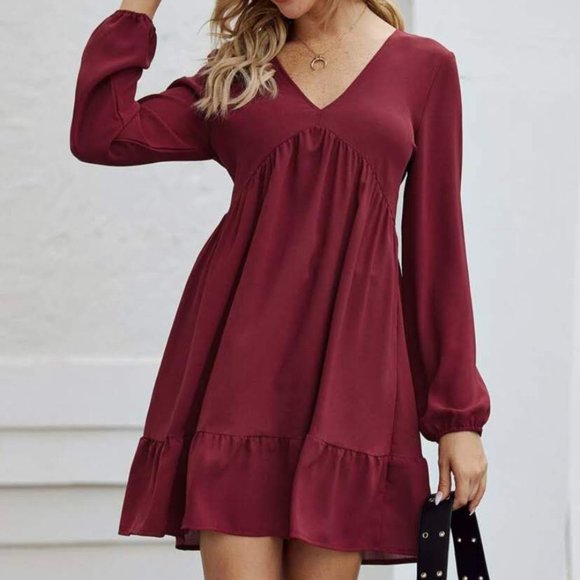 ROMWE Dresses & Skirts - Solid V-Neck Flounce Hem Dress